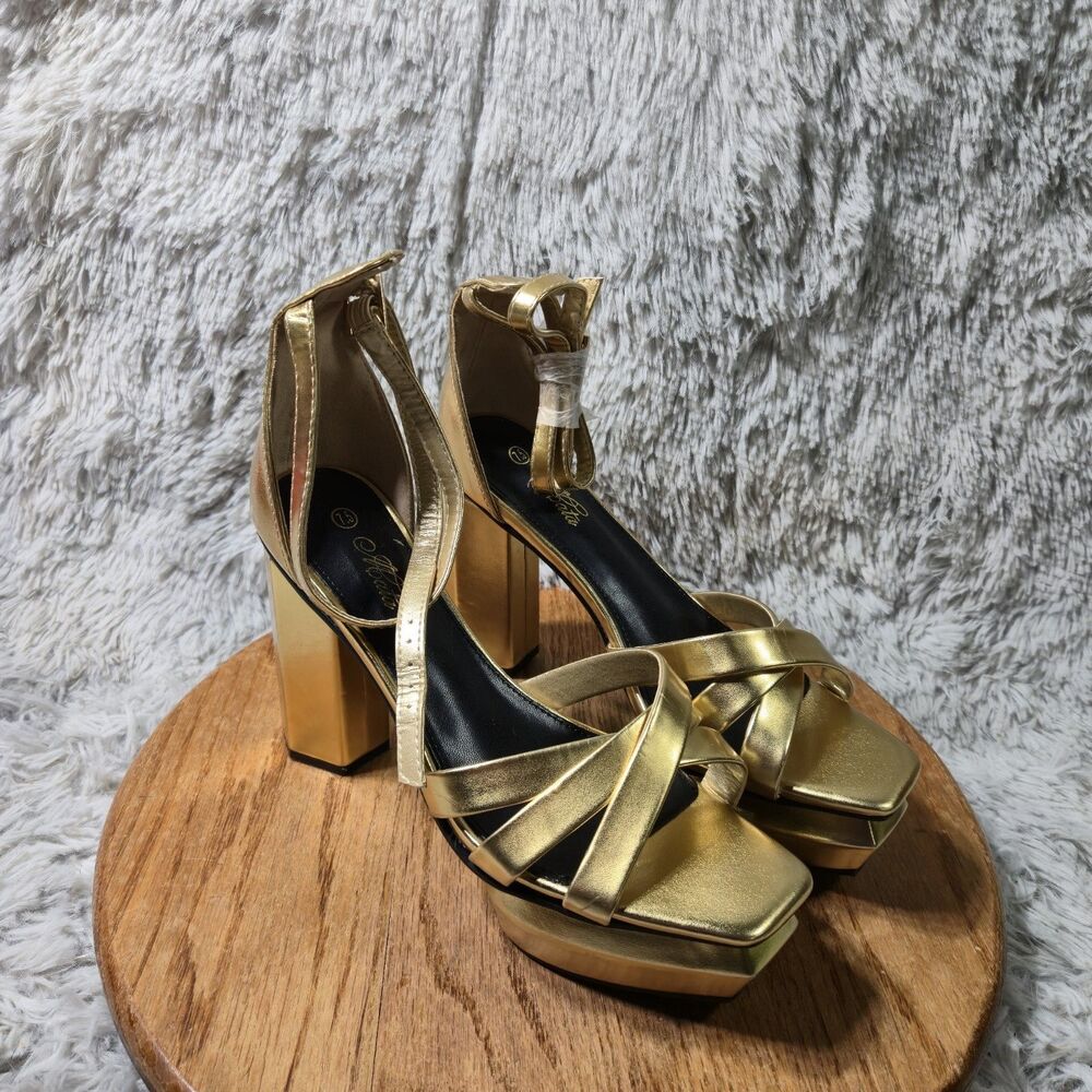 Abata Retro Y2K Gold Straps Sandals Women Size 7.5 “TikTok” Basil Heels Metallic